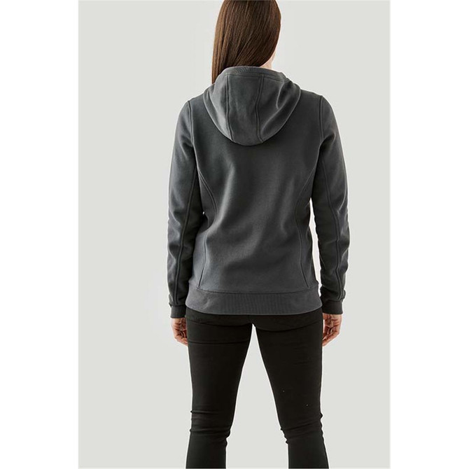 A women's dark grey fleece hoody with a hood, shown from the back, featuring a fitted design.