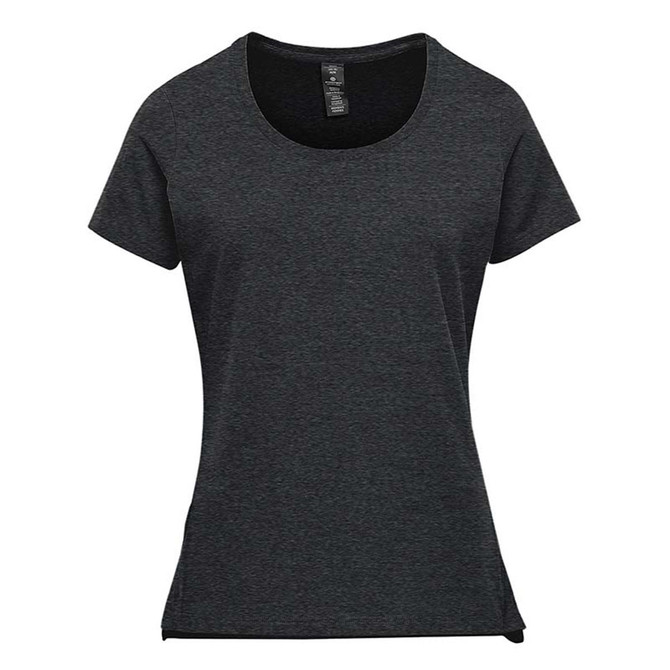 A women's short sleeve tee in dark grey, featuring a round neckline and a logo.