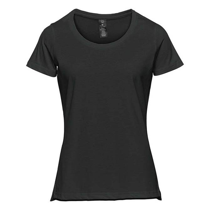 A black women's short sleeve tee with a round neckline and a subtle logo.