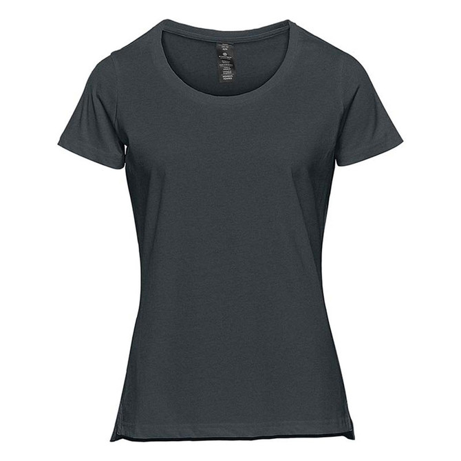 A dark green women's short sleeve tee with a round neckline and a fitted shape, featuring a logo.