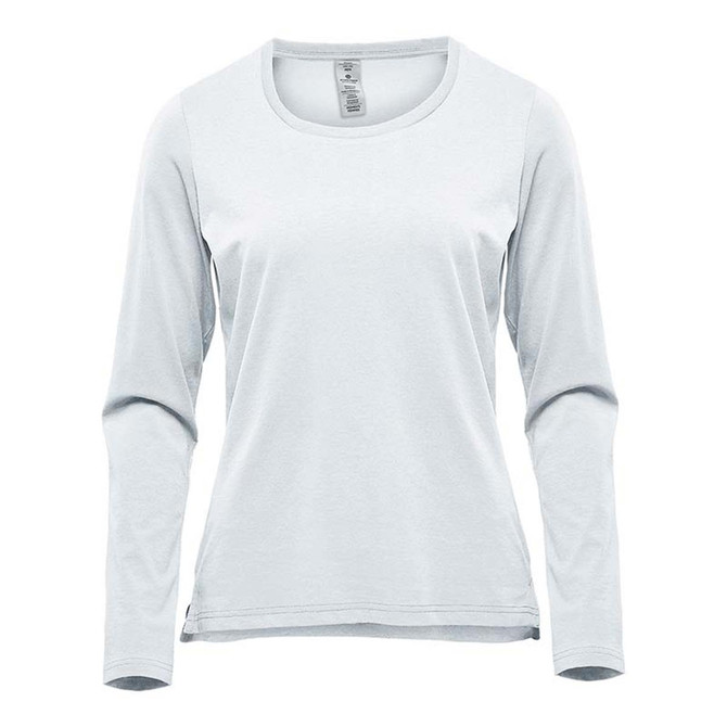 A light grey long sleeve tee with a round neckline. The shirt has a simple design and features a logo.