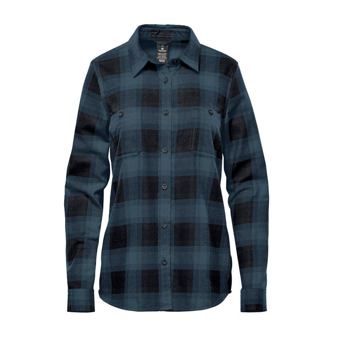 A button-up shirt featuring a dark green and black plaid pattern, with long sleeves and a chest pocket.
