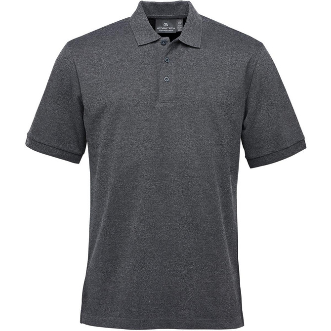A dark grey men's polo shirt with a branding logo, featuring a classic collar and short sleeves.