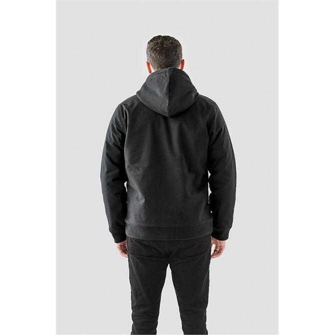 A black hoodie with a hood, displayed from the back, featuring a logo on the back.