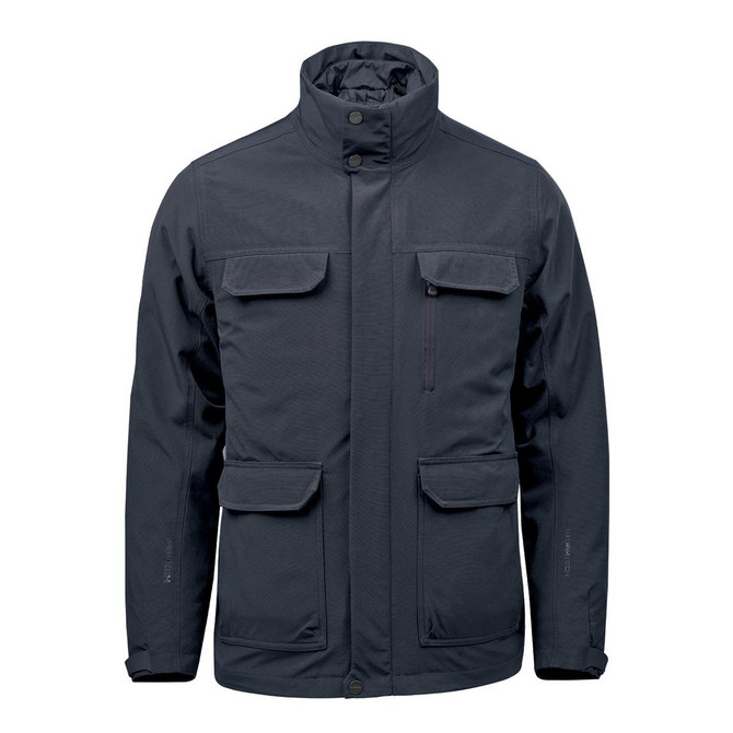 Men's Athabasca System Shell jacket in dark navy, featuring multiple pockets and a high collar. Includes a branding logo.