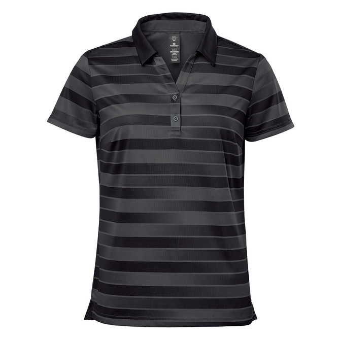 A women's polo shirt in black with grey stripes, featuring a collar and buttons. It includes a logo on the chest.