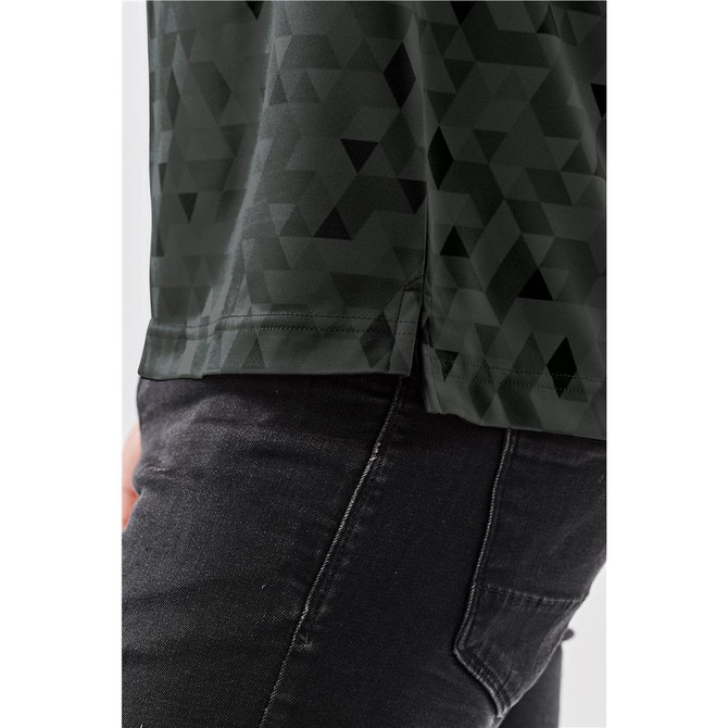 A side view of a dark green Men's Galapagos Polo featuring a geometric pattern, with a visible logo detail.