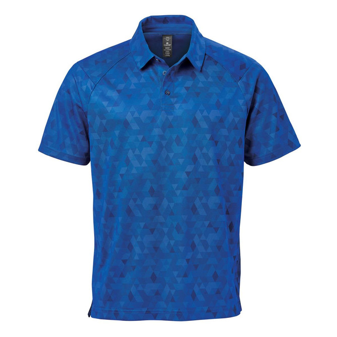A blue geometric patterned polo shirt featuring a collar and short sleeves, with a branding logo.
