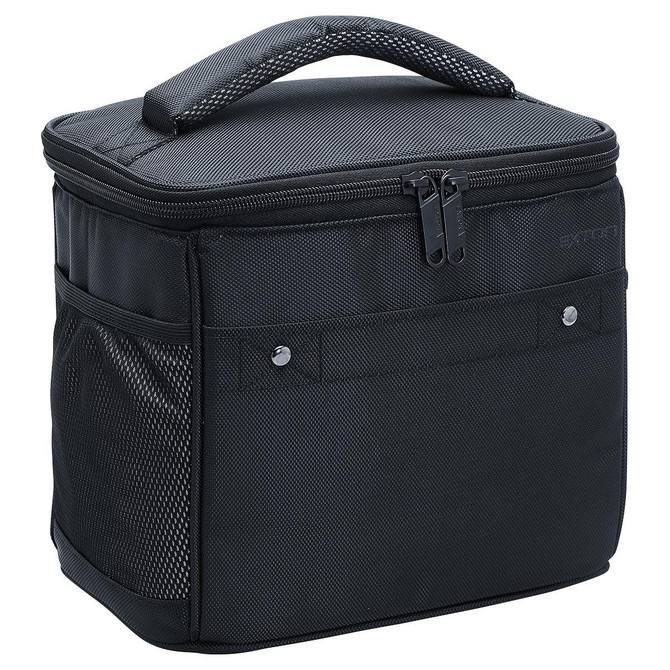 A black cooler bag with a zippered top and a fabric handle, featuring a mesh side pocket and branding.