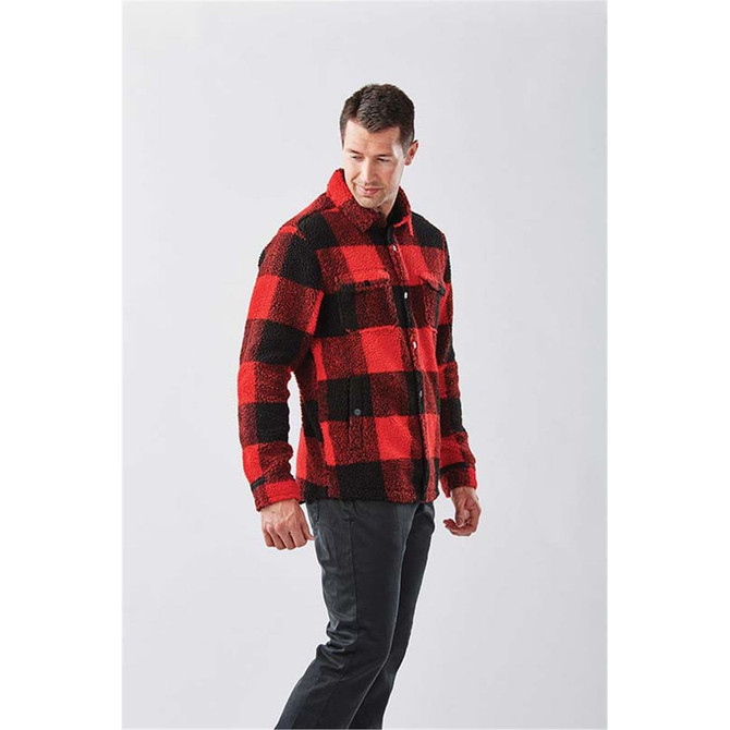 A red and black checked unisex fleece jacket with a collar and front pockets, featuring a logo.