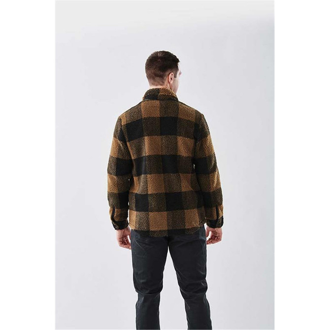 A unisex caribou fleece jacket in a black and gold check pattern, featuring a collar and a logo.