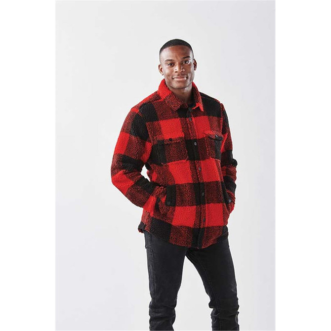 A unisex fleece jacket in red and black plaid, featuring a button-up front and a pocket. Includes a logo.
