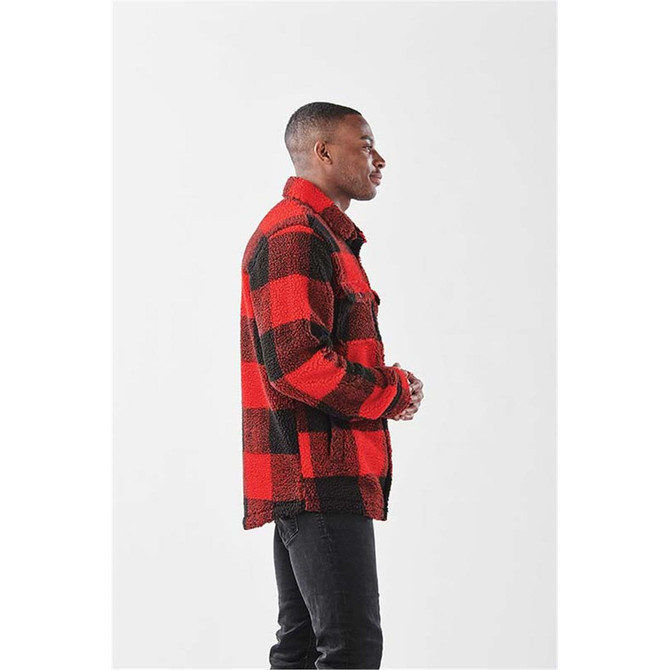 A unisex caribou fleece jacket in red and black check pattern, featuring a collar and side view.