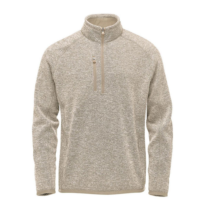 Men's 1/4 zip pullover in a light beige colour with a subtle texture and a zip pocket. Features a logo.