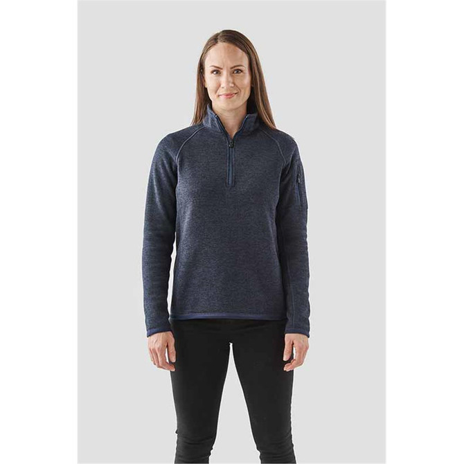 A women's 1/4 zip pullover in navy, featuring a branding logo, with long sleeves and a relaxed fit.