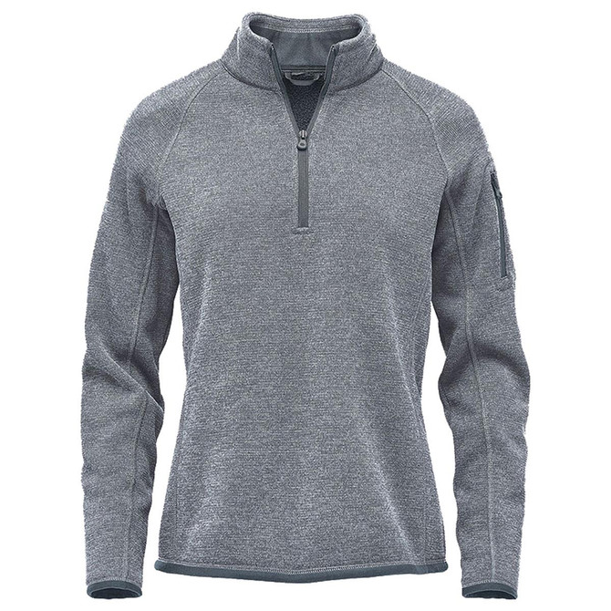 A grey women's 1/4 zip pullover jumper featuring a zip collar and a side pocket with a logo.