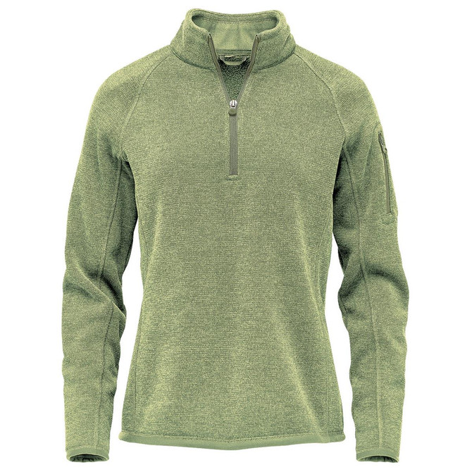 A green women's pullover featuring a quarter zip and long sleeves, with a side pocket and a logo.