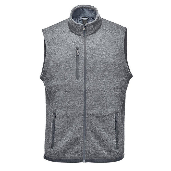 A grey men's fleece vest featuring a high collar and zippered pockets, with a logo on the chest.