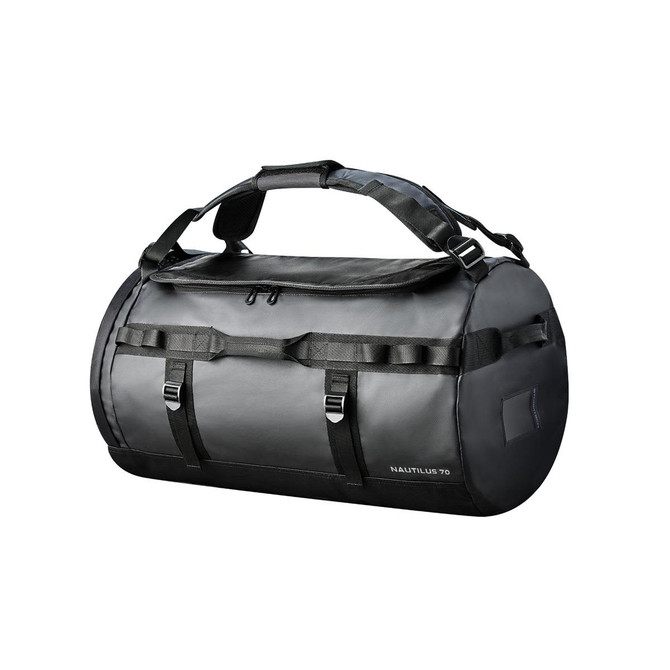 A black waterproof duffle bag with adjustable straps and a sleek design, featuring a logo.