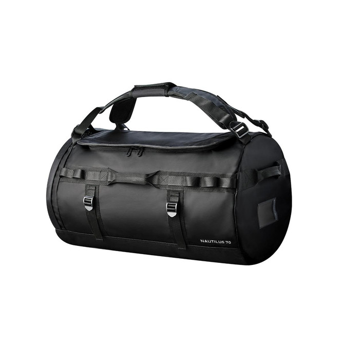 A black waterproof duffle bag with adjustable straps and a sturdy handle, featuring a logo.