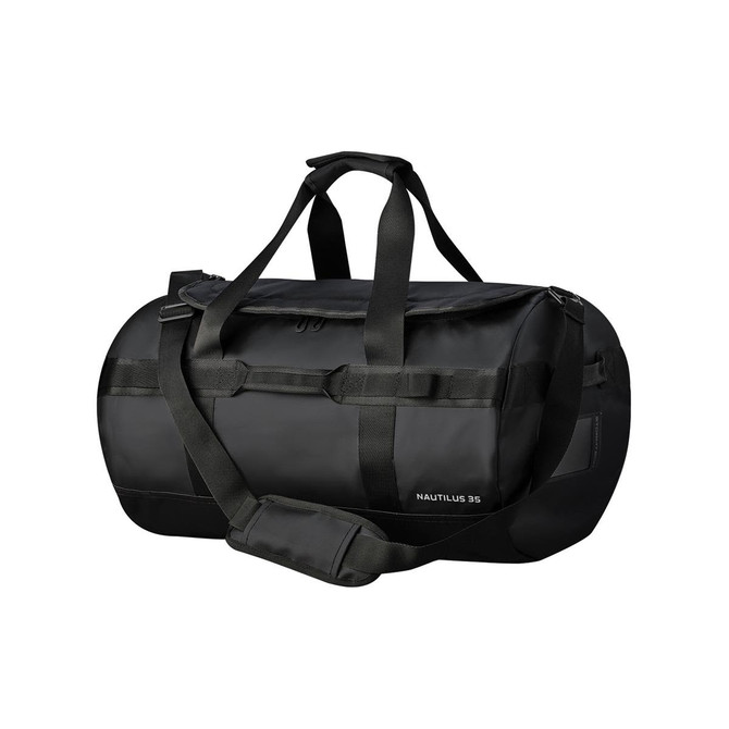 A black waterproof duffle bag with sturdy handles and a detachable shoulder strap, featuring a logo.
