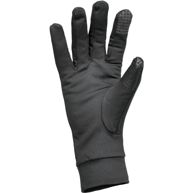 Black touchscreen gloves with a smooth finish and textured grip on the fingertips, featuring a snug fit.
