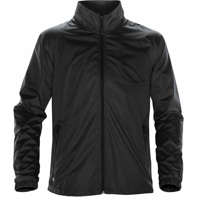 A black jacket featuring a zip front, a collar, and pockets, with a logo on the left side.