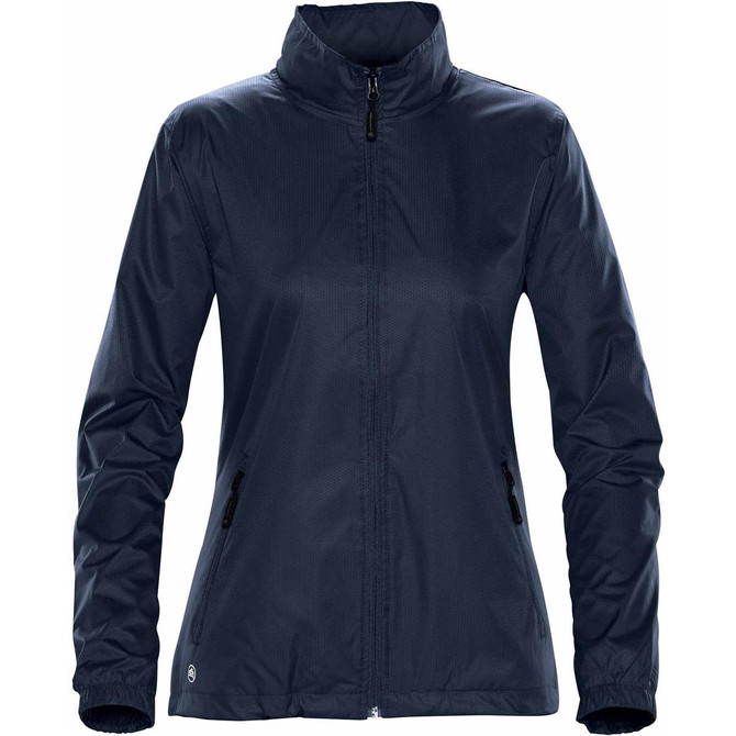 A women's rain jacket in navy blue, featuring a zip front and side pockets. The jacket includes a logo on the lower hem.
