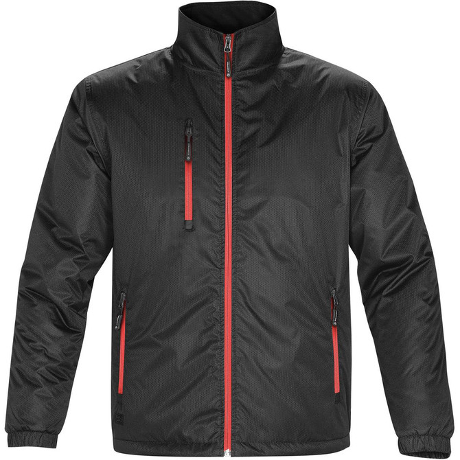 A black thermal jacket with a red zipper and accents, featuring zippered pockets and a collar. It has a logo.