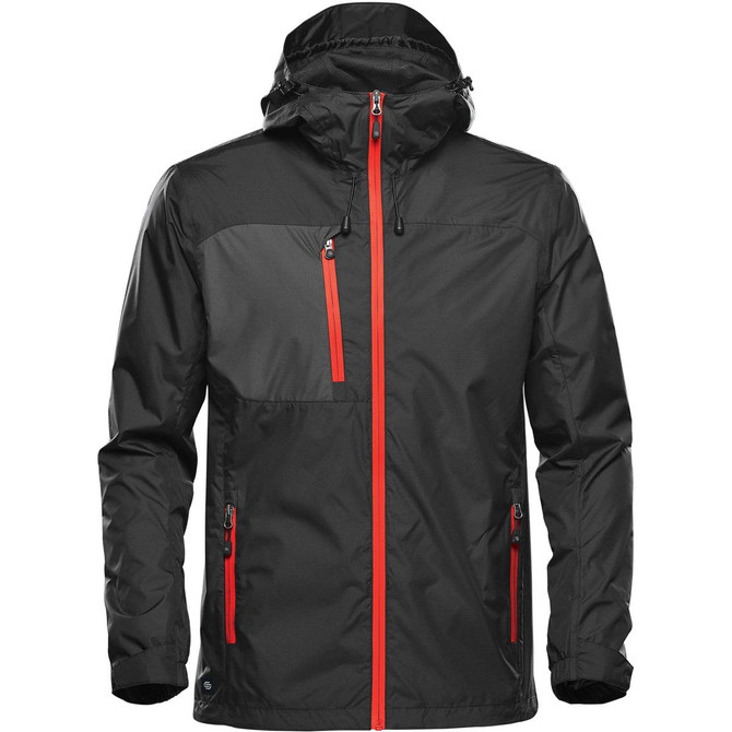 A black and grey rain jacket with red zippers and a hood, featuring a logo on the left chest area.