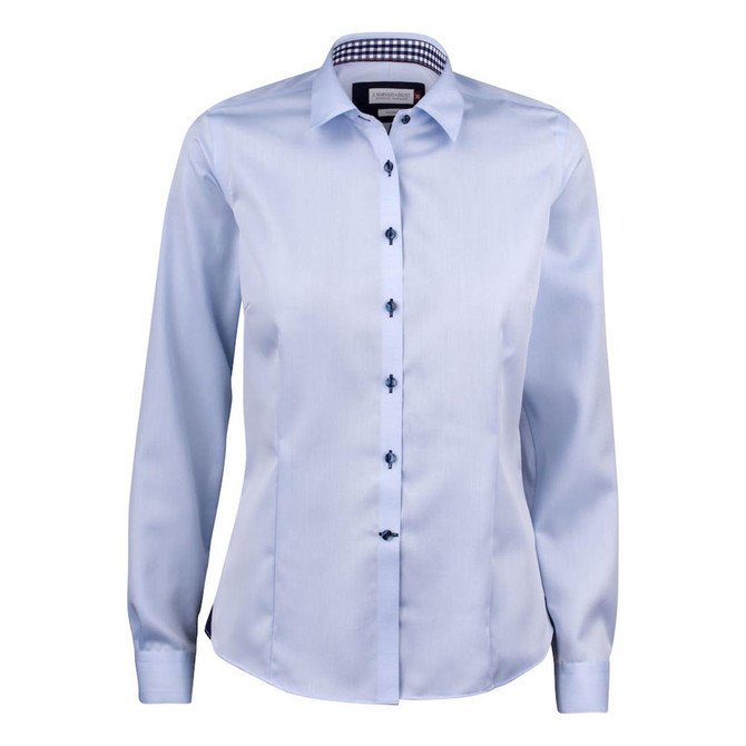 A light blue button-up women's shirt with dark buttons and a checked pattern inside the collar. It features a logo.