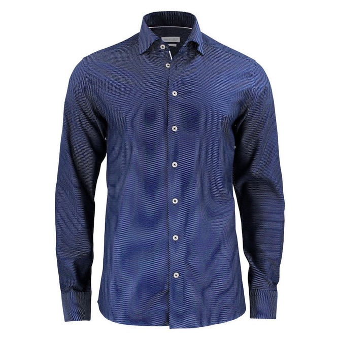 A navy button-up shirt featuring a subtle pattern, with a collar and long sleeves. It includes a logo on the fabric.