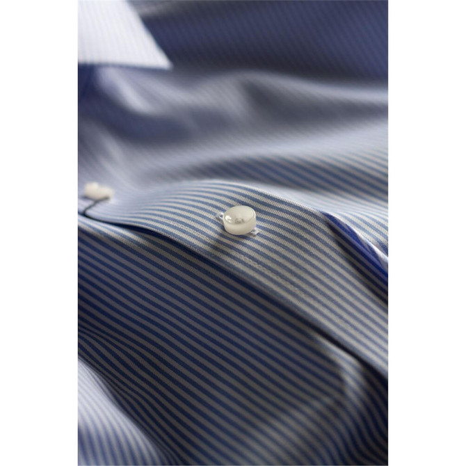 A blue and white striped button-up shirt featuring a classic collar and buttons. It has a logo on it.