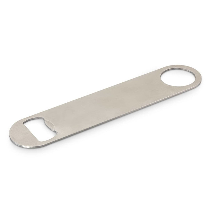 A drink bottle opener in stainless steel with a sleek, flat design and two circular openings. It features a logo.