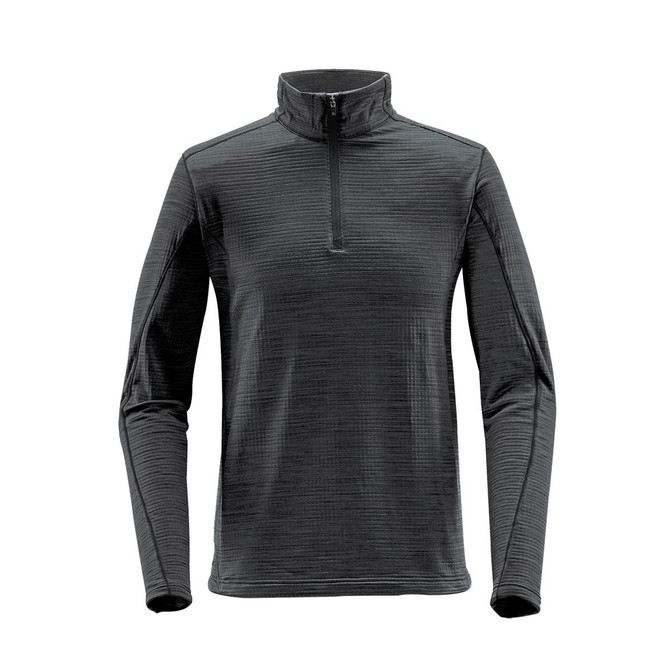 A men's thermal 1/4 zip jumper in black with a textured pattern and long sleeves. It features a zip neck and has a logo.