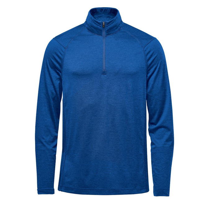 A blue men's 1/4 zip pullover jumper with long sleeves and a subtle logo.