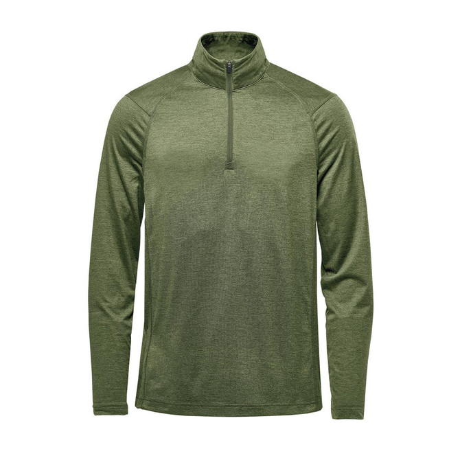 A green men's pullover featuring a 1/4 zip and long sleeves. It has a logo on the chest.