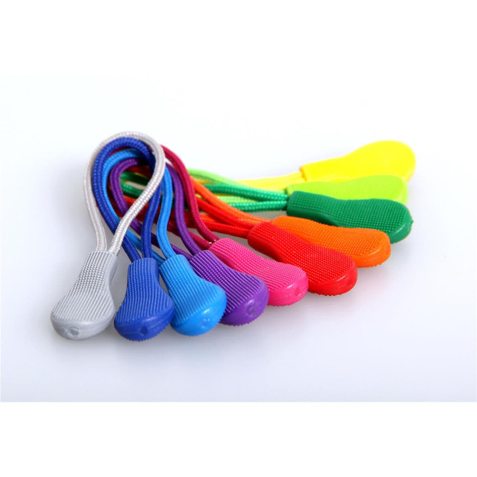 A set of eight zip pullers in various colours: silver, purple, red, orange, yellow, green, pink, and blue.