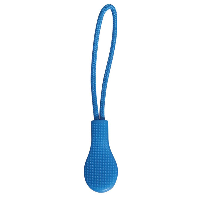 A blue zip puller with a textured grip and a loop for easy handling, part of a set of four.