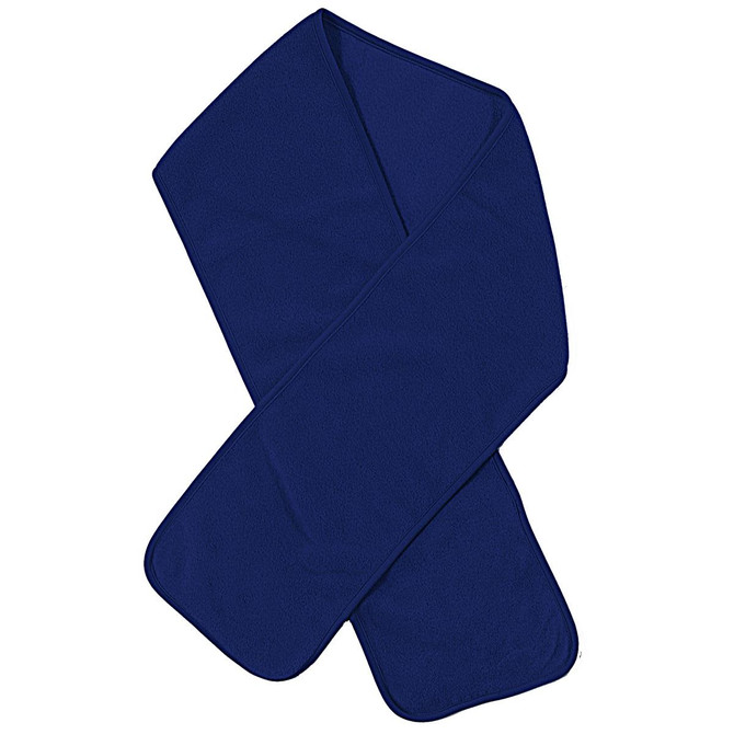 A navy blue polar fleece scarf, featuring a smooth texture and a simple design. It has a logo on one side.