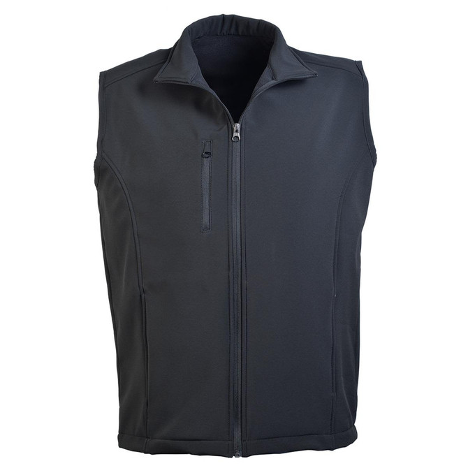 A black Softshell Vest featuring a full zip and a zippered chest pocket, designed for comfort and warmth.