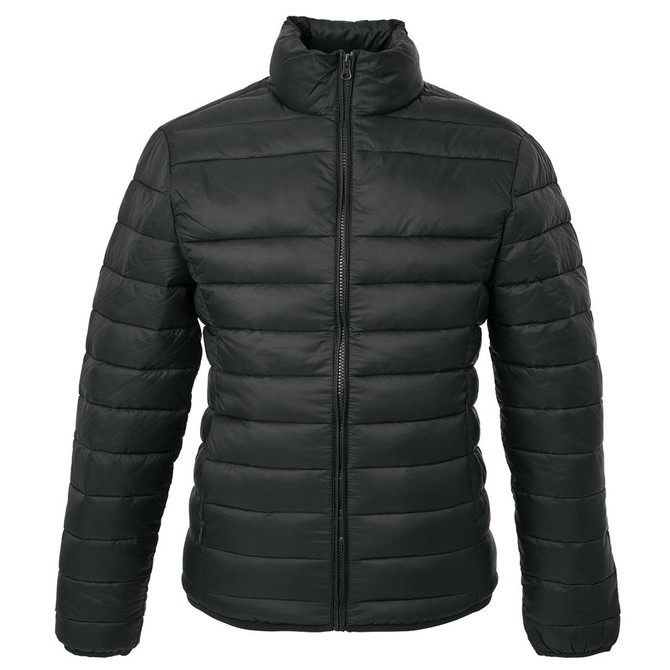 A black puffer jacket with a high collar and zip-up front, featuring a subtle logo on the chest.