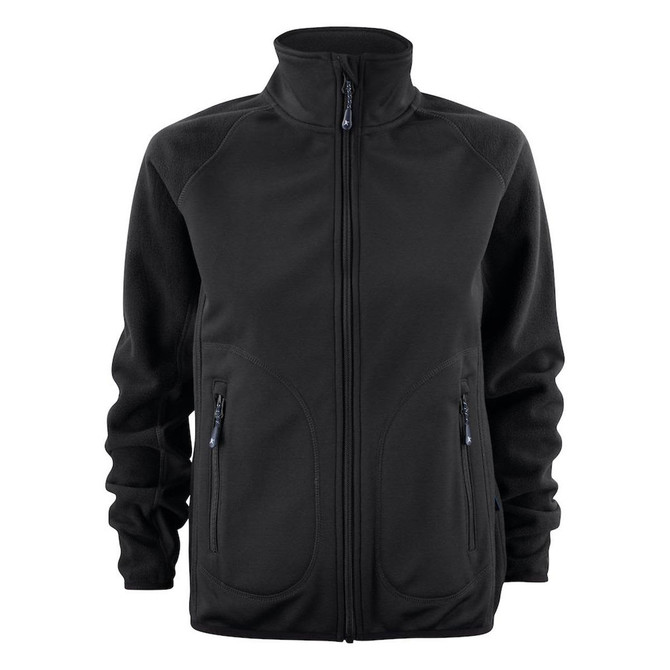 A black softshell fleece hybrid jacket with a zip front and two side pockets, featuring a logo on the chest.