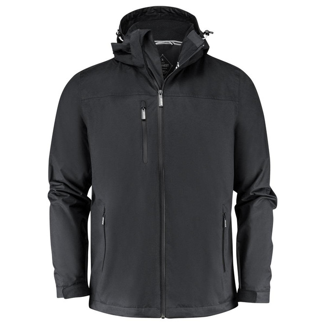 A black men's rain jacket featuring a hood and zippered pockets, with a logo on the front.