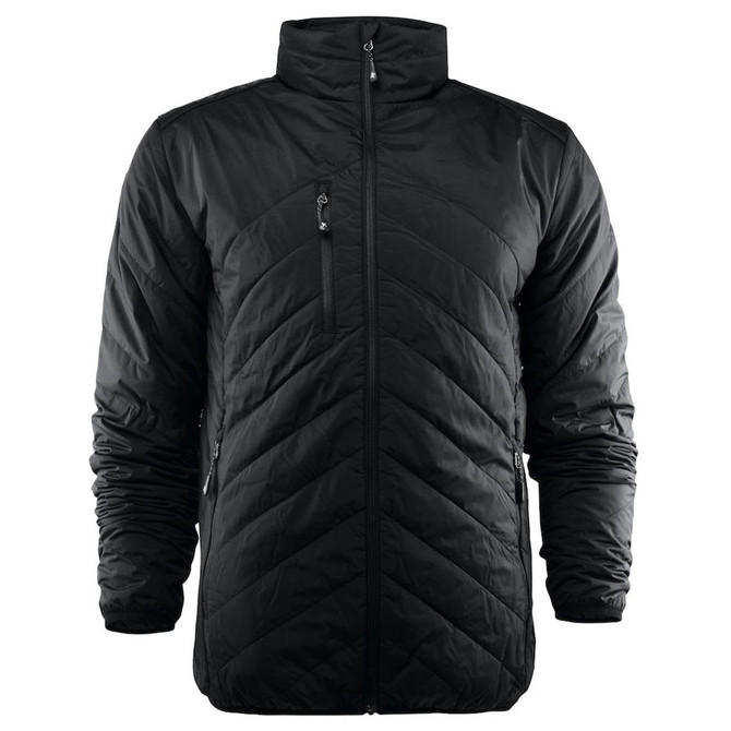 A black men's quilted jacket with a high collar and zippered pockets. It features a logo on the chest.