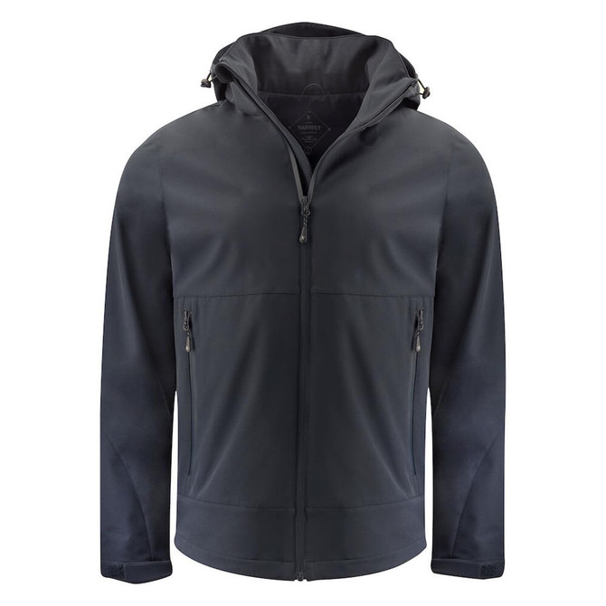 A dark navy softshell jacket with a hood, featuring zippered pockets and a logo on the front.