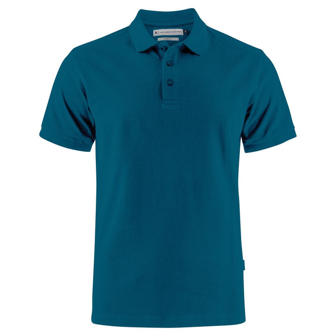 A teal men's cotton polo shirt featuring a collar and button placket, with a logo on the side.
