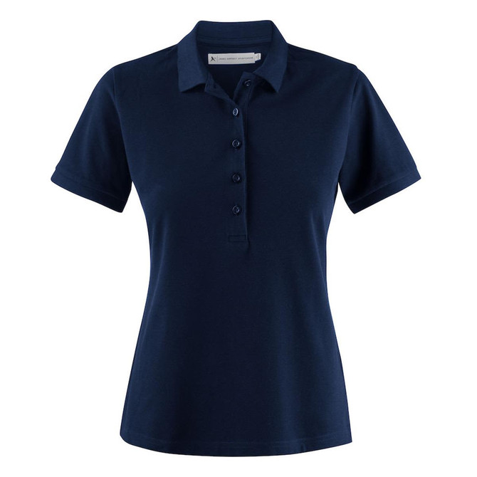 A navy blue women's cotton polo shirt with short sleeves and a button-up front. Features a logo on the chest.
