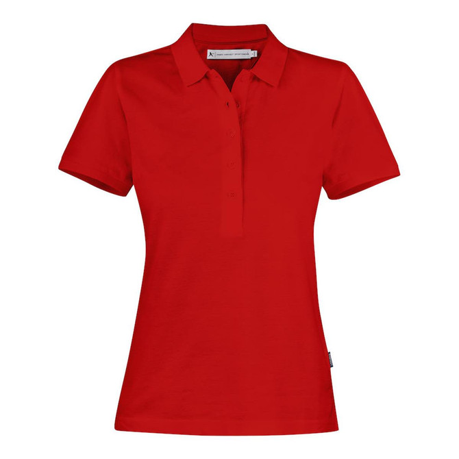 A red women's cotton polo shirt with a classic collar and a subtle logo on the side.