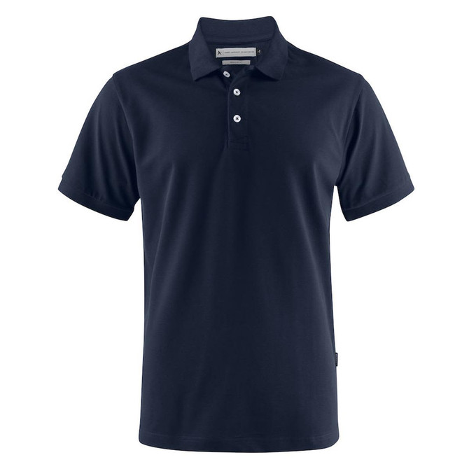 A navy blue men's polo shirt with a classic collar, short sleeves, and a small logo on the side.